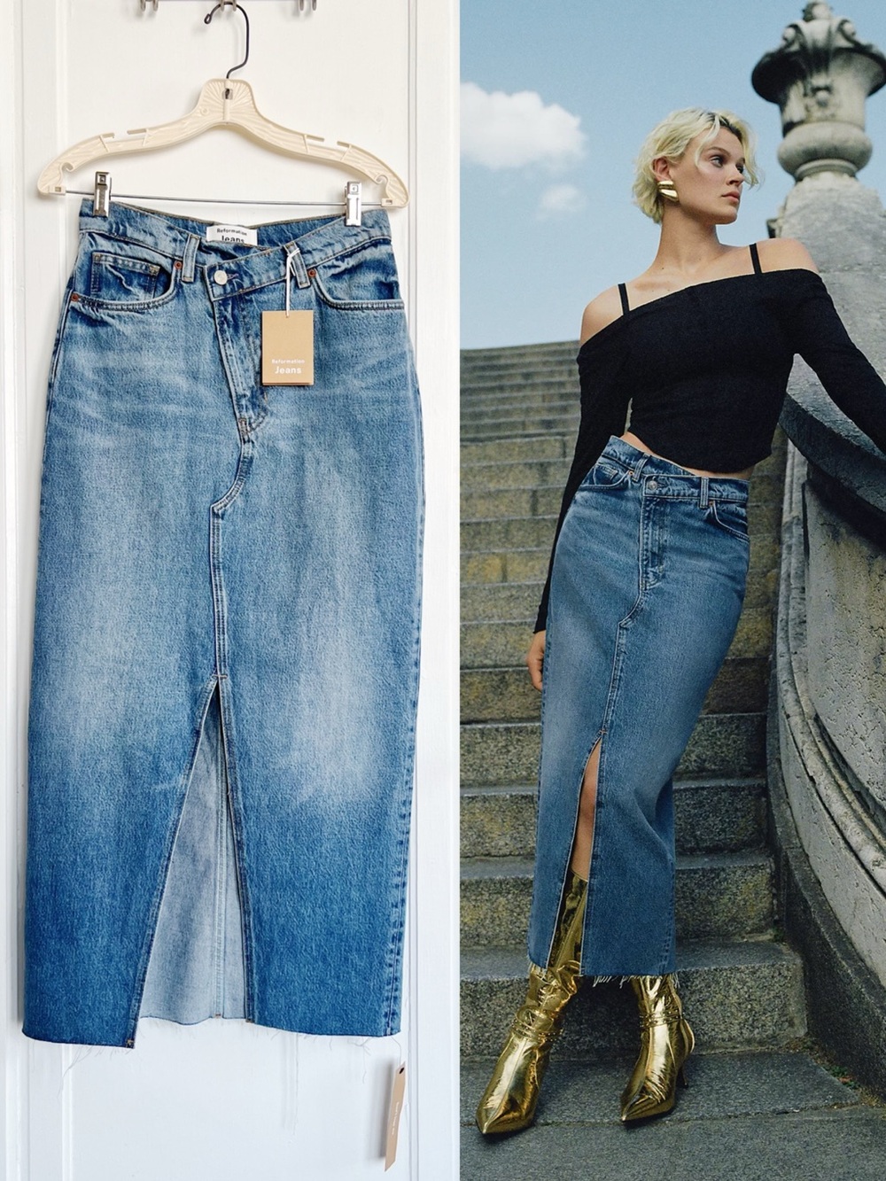 Reformation • Nila Long Denim Skirt midi Galway wash blue jean crossover slit